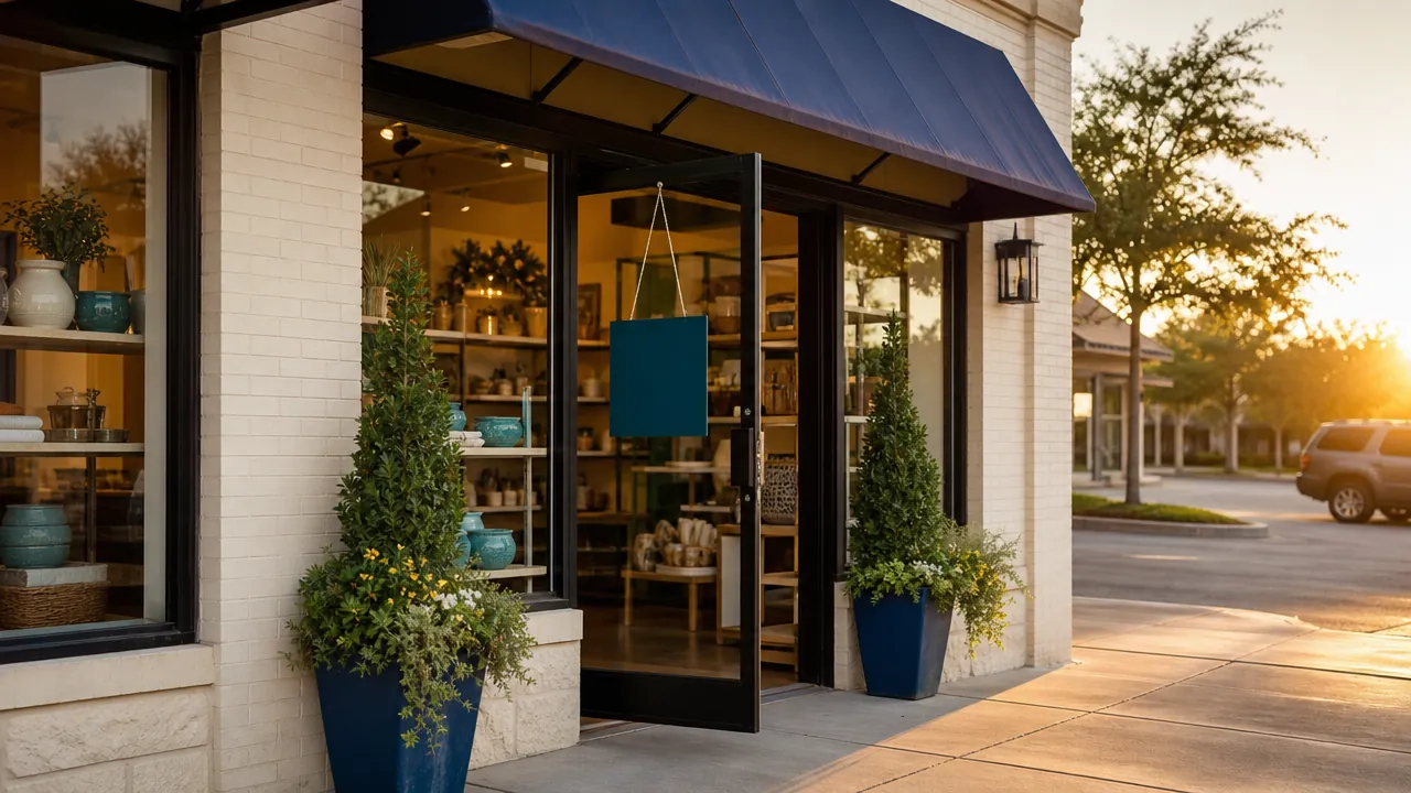 An independent shop's front door at sunrise